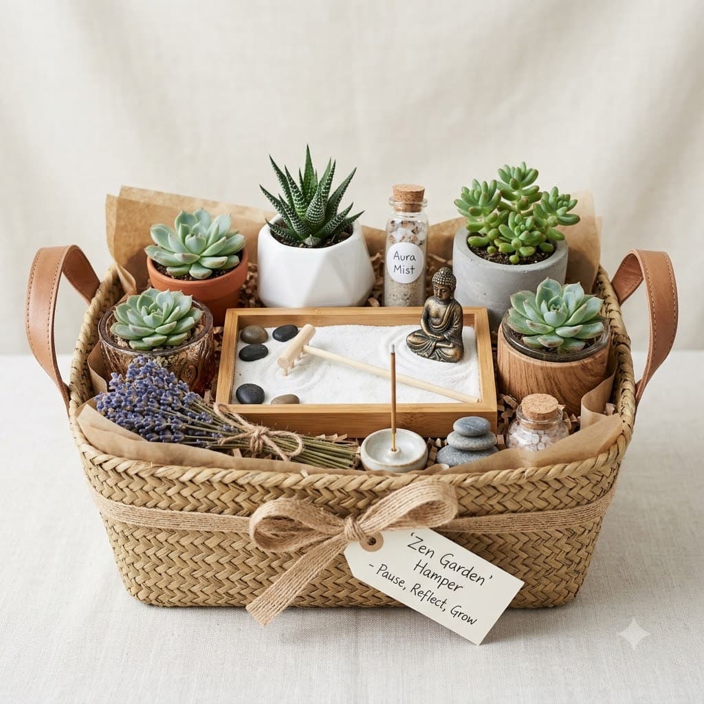 Corporate welcome hamper box with three potted succulents
