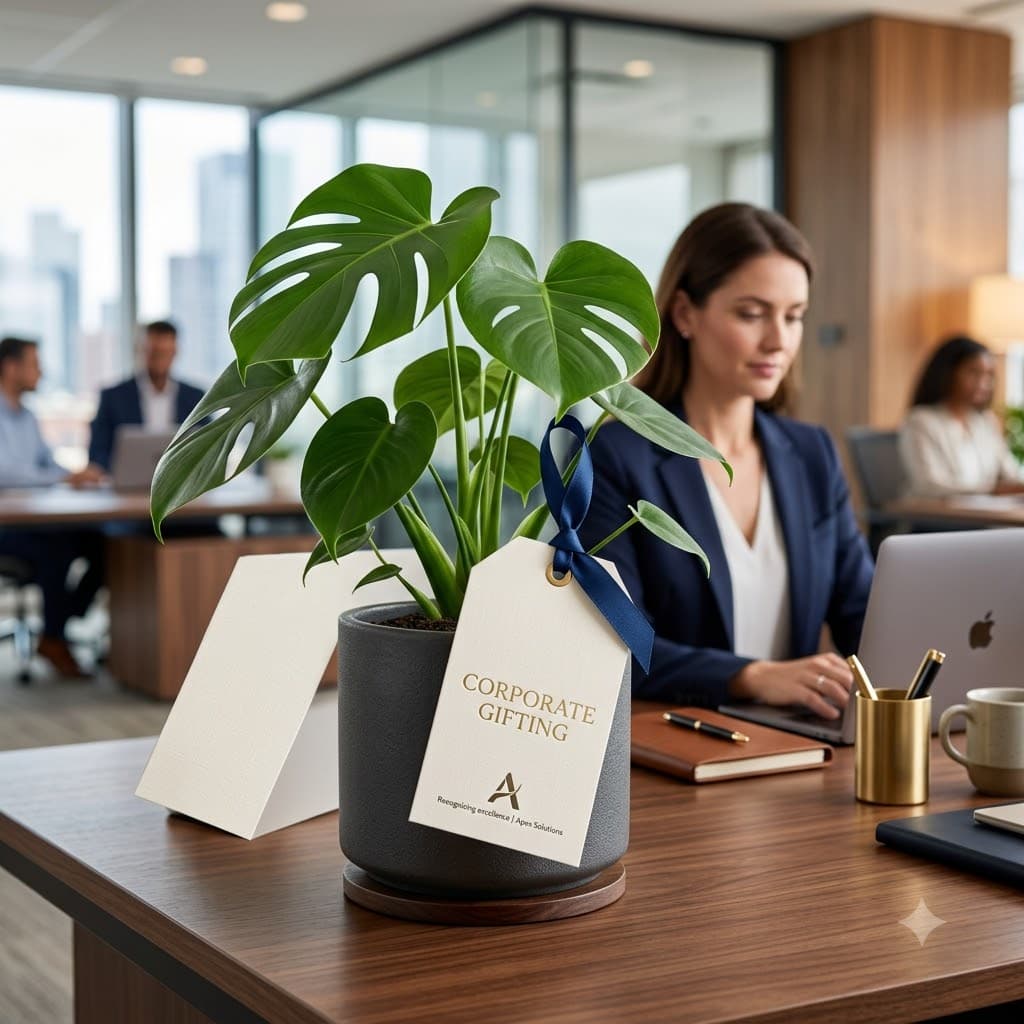 Desk buddy gift set with a mini plant, concrete pot and sprayer