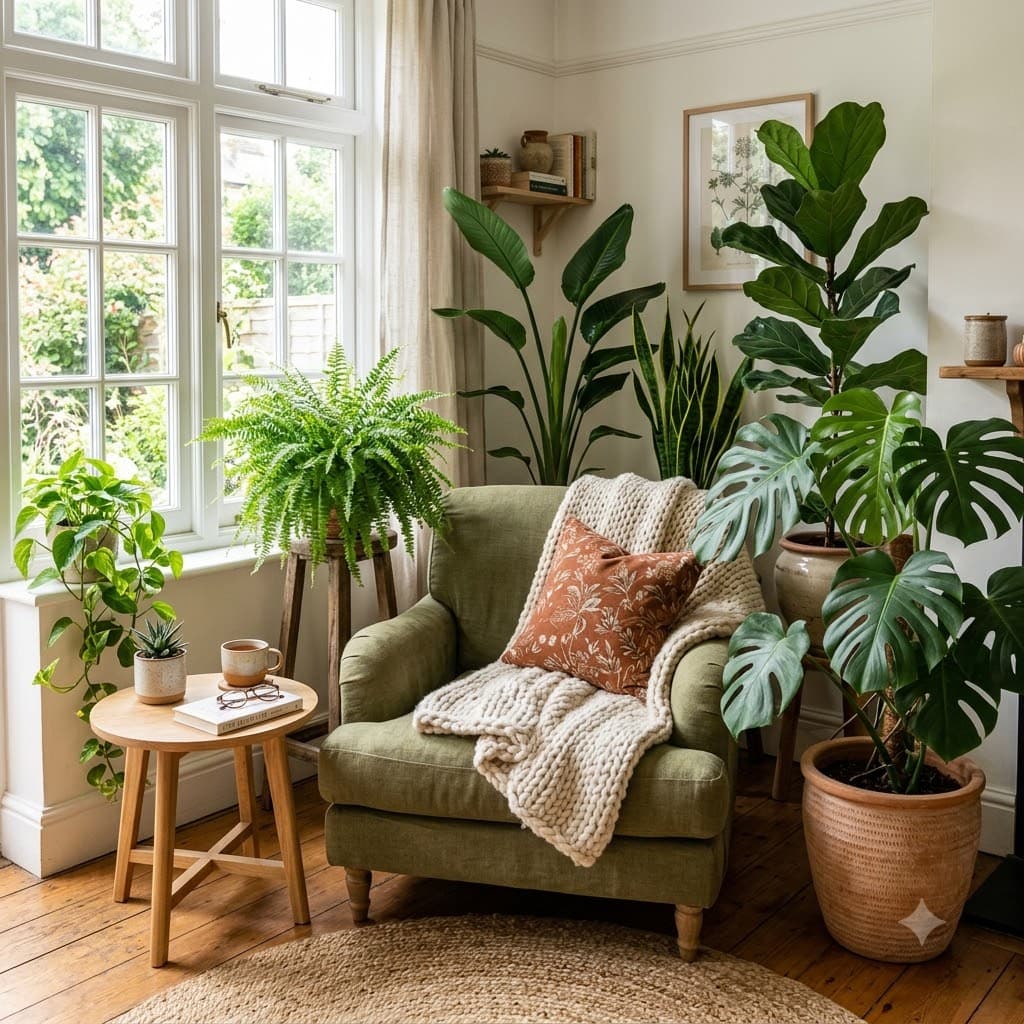 A thriving indoor plant collection in a bright living room