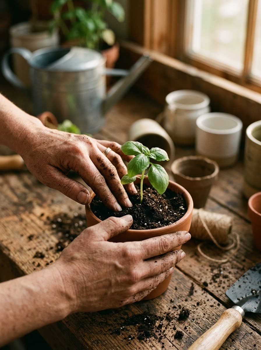 A cluttered apartment balcony being set up with plants and pots