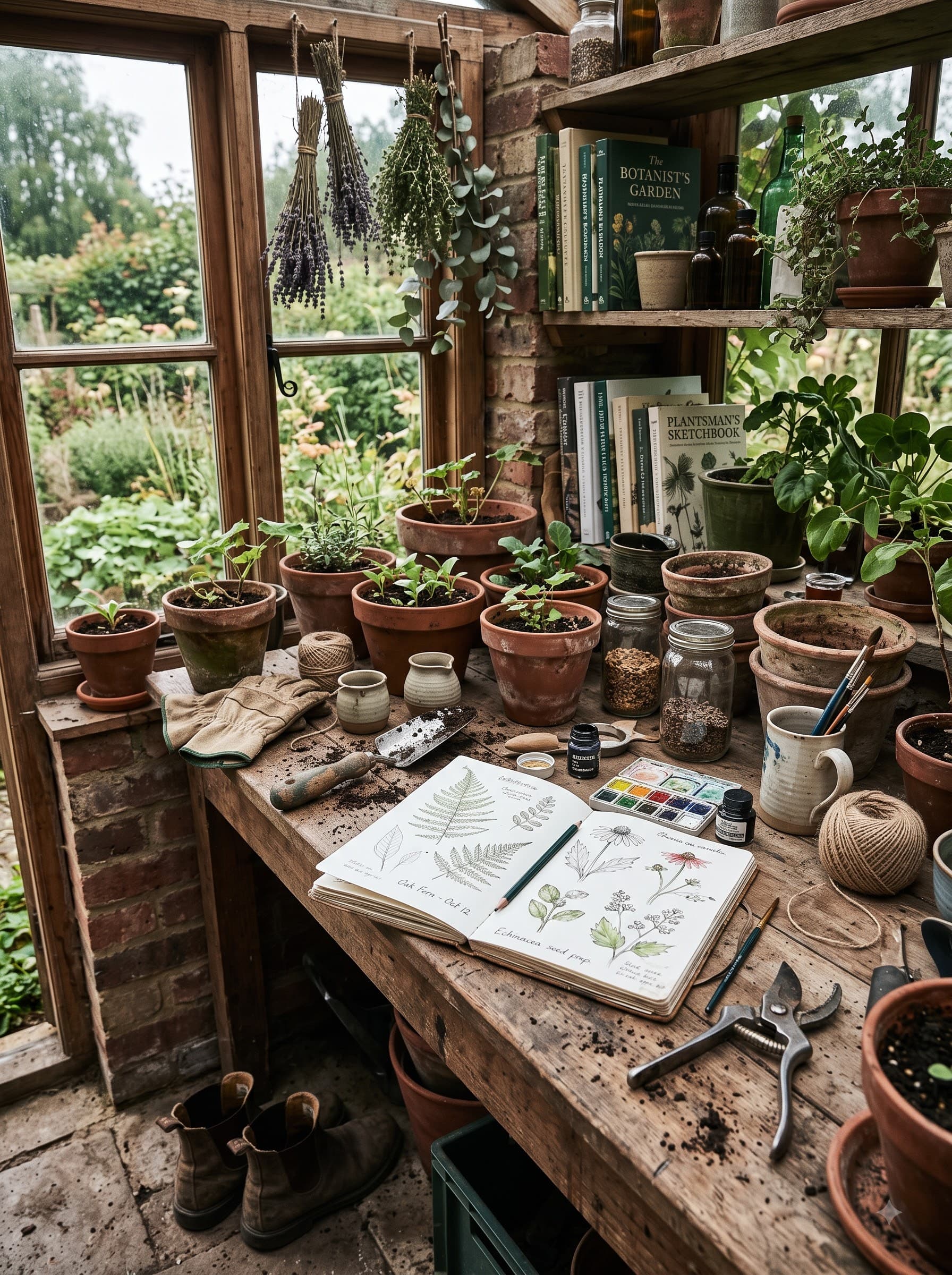 Rows of potted plants being assessed on a windowsill