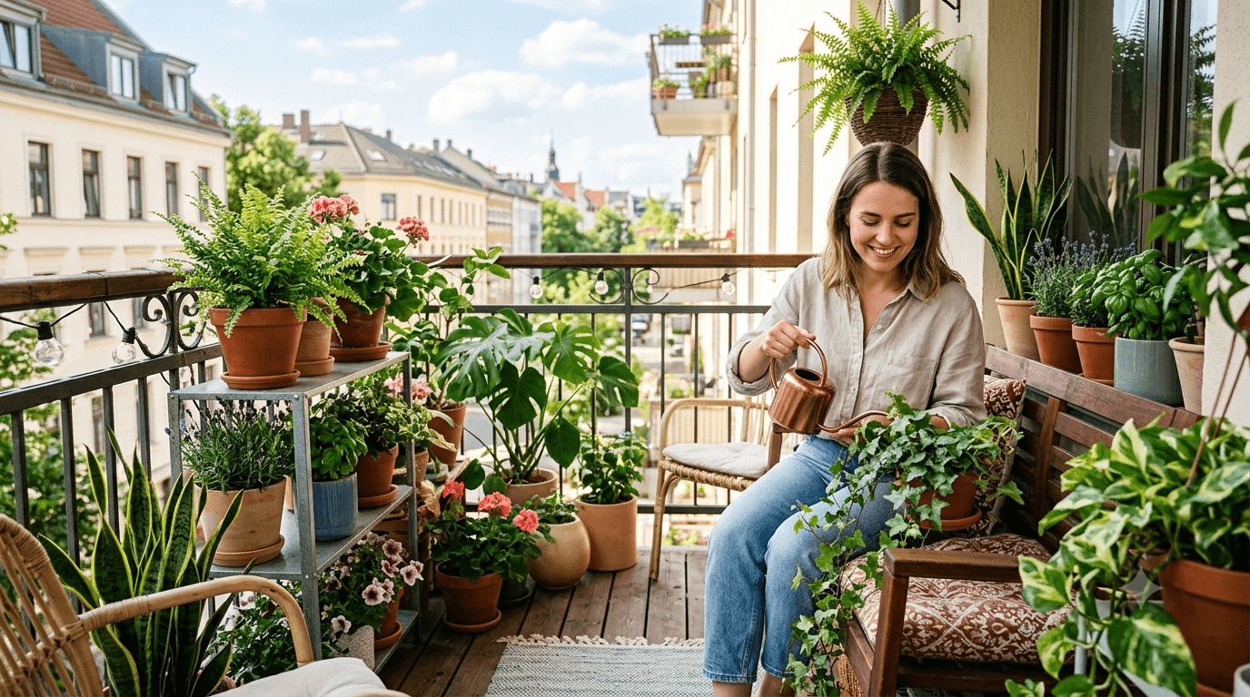A woman tending to a lush collection of potted plants on a sunlit apartment balcony